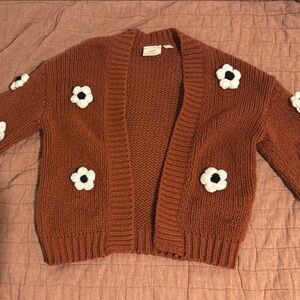 Floral Knit Cardigan Sweater - Brown